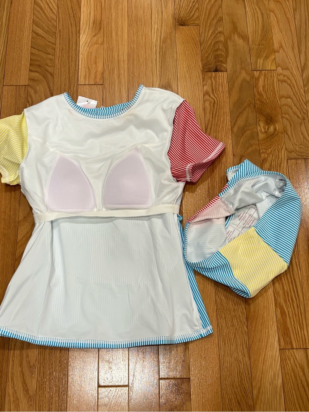 4 Piece Lands' End Blue, Red, Yellow & White Striped Swim Set Bikini/Rash Guards - Picture 7 of 7